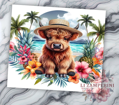 Tropical Beach Vibe Highland Cow 20oz Tumbler Wrap PNG, Highland Cow Tumbler Png, Straight & Tapered Tumbler Wrap, Instant Digital Download Sublimation Li Zamperini 
