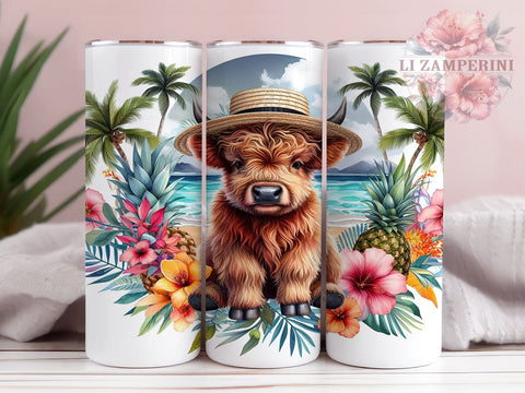 Tropical Beach Vibe Highland Cow 20oz Tumbler Wrap PNG, Highland Cow Tumbler Png, Straight & Tapered Tumbler Wrap, Instant Digital Download Sublimation Li Zamperini 