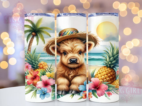 Tropical Beach Vibe Highland Cow 20oz Tumbler Wrap Sublimation Design, Straight Tapered Tumbler Wrap, Highland Cow Tumbler Png, Instant Digital Download Sublimation SvggirlplusArt 