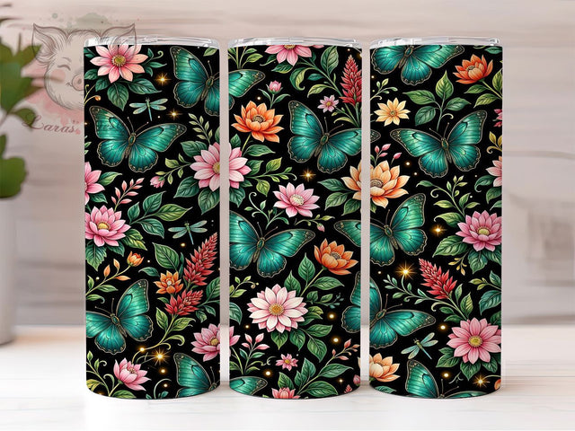 Tropical Butterfly Garden 20oz Tumbler, Butterfly Garden Motif, Tropical Art Design, Summer Theme, Whimsical Accent, Vibrant Charm, Sublimation Wrap, 20oz Tumbler Sublimation Lara' s Designs 
