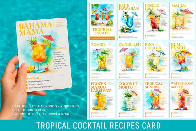 Tropical Cocktail Recipe Cards PNG | Summer Drink Printable | Mocktails Included Sublimation KMarinaDesign 