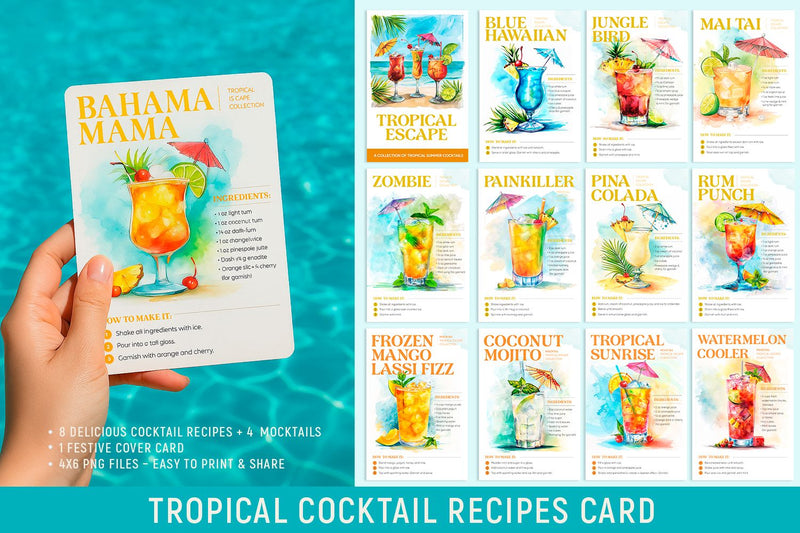 Tropical Cocktail Recipe Cards PNG | Summer Drink Printable | Mocktails Included Sublimation KMarinaDesign 