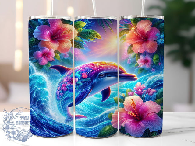 Tropical Dolphin Hibiscus Tumbler, Tropical Ocean Design, Dolphin Floral Pattern, 20Oz Sublimation Wrap, Tropical Hibiscus Art, Ocean Dolphin Texture, Tumbler Sublimation Sublimation ToriDesigns 