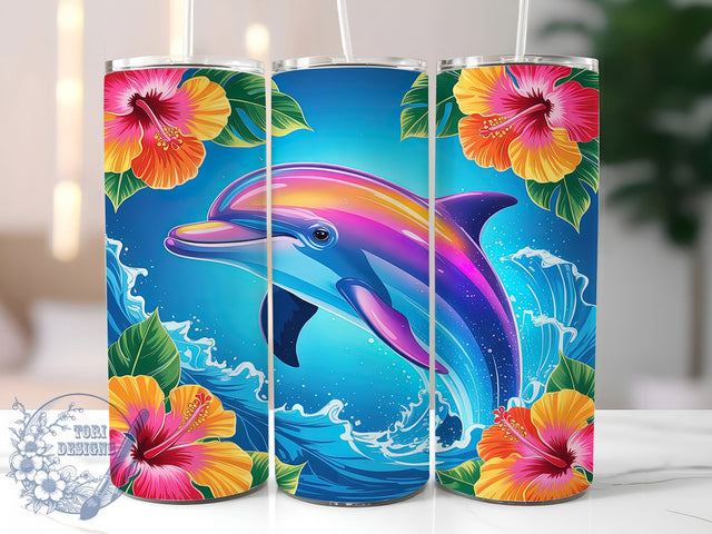 Tropical Dolphin Hibiscus Tumbler, Tropical Ocean Design, Dolphin Floral Pattern, 20Oz Sublimation Wrap, Tropical Hibiscus Art, Ocean Dolphin Texture, Tumbler Sublimation Sublimation ToriDesigns 