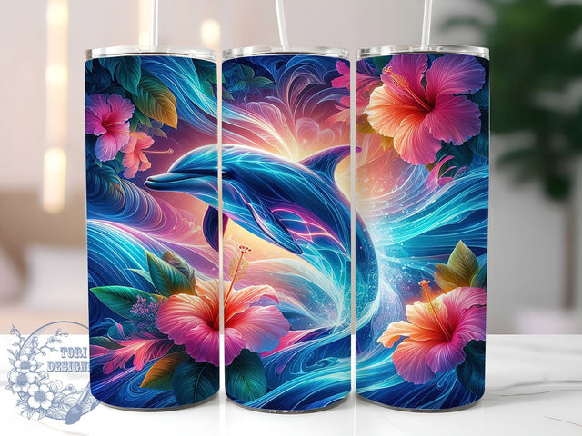 Tropical Dolphin Hibiscus Tumbler, Tropical Ocean Design, Dolphin Floral Pattern, 20Oz Sublimation Wrap, Tropical Hibiscus Art, Ocean Dolphin Texture, Tumbler Sublimation Sublimation ToriDesigns 