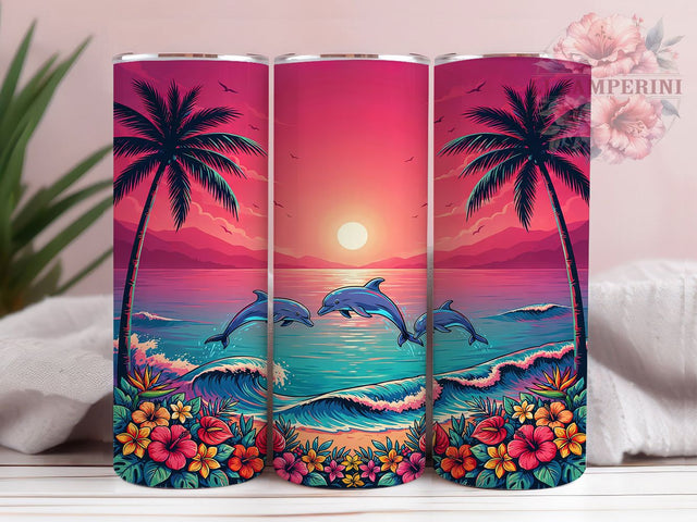 Tropical Dolphins Neon Sunset 20oz Tumbler, Neon Sunset, Beach Ocean, Playful Dolphins, Ocean Waves, Skinny Tumbler, Sublimation PNG Sublimation Li Zamperini 