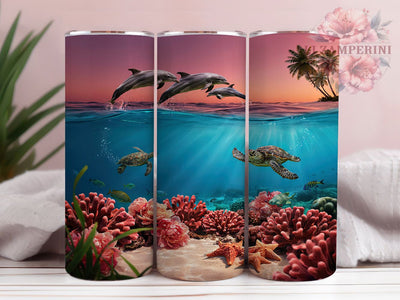 Tropical Dolphins Turtles 20oz Tumbler, Tropical Dolphins, Sea Turtles, Ocean Theme, Sublimation Wrap, 20oz Tumbler, Coastal Aesthetic, Marine Charm Sublimation Li Zamperini 