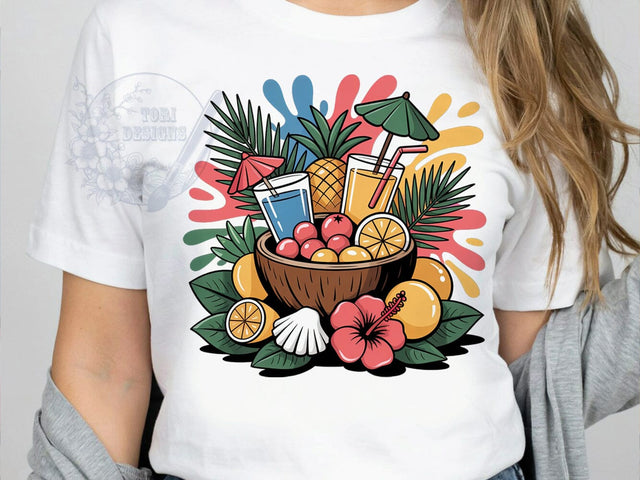 Tropical Feast Bowl T-Shirt PNG, Coconut Bowl, Fruit Cocktail, Palm Fronds, Hibiscus Flowers, Skinny Tumbler, Sublimation PNG Sublimation ToriDesigns 