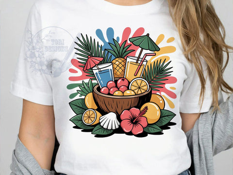 Tropical Feast Bowl T-Shirt PNG, Coconut Bowl, Fruit Cocktail, Palm Fronds, Hibiscus Flowers, Skinny Tumbler, Sublimation PNG Sublimation ToriDesigns 