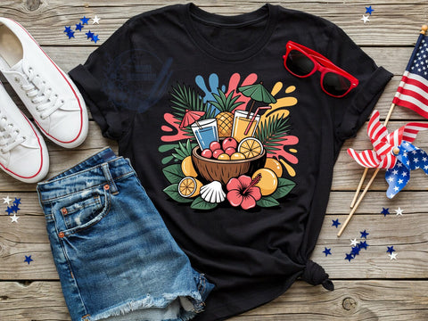 Tropical Feast Bowl T-Shirt PNG, Coconut Bowl, Fruit Cocktail, Palm Fronds, Hibiscus Flowers, Skinny Tumbler, Sublimation PNG Sublimation ToriDesigns 