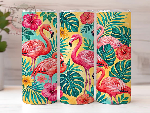 Tropical Flamingo 20oz Tumbler, Pink Bird, Island Vibes, Exotic Wildlife, Vibrant Summer, Lush Paradise, Coastal Chic, Sublimation Wrap Sublimation Lara' s Designs 
