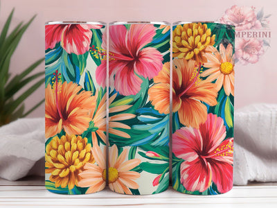 Tropical Floral Bold Blooms 20oz Tumbler, Bold Flowers, Hot Pink Coral, Golden Yellow, Peach Blooms, Skinny Tumbler, Sublimation PNG Sublimation Li Zamperini 