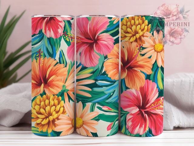 Tropical Floral Bold Blooms 20oz Tumbler, Bold Flowers, Hot Pink Coral, Golden Yellow, Peach Blooms, Skinny Tumbler, Sublimation PNG Sublimation Li Zamperini 