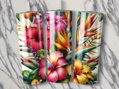 Tropical Floral Digital Tumbler Wrap, Colorful Hibiscus and Bird of Paradise Design, Vibrant Summer Tumbler Sublimation Wrap Sublimation Luvleigh Digitals 