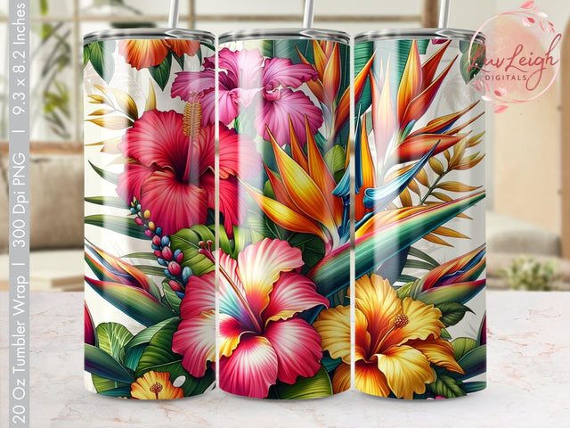 Tropical Floral Digital Tumbler Wrap, Colorful Hibiscus and Bird of Paradise Design, Vibrant Summer Tumbler Sublimation Wrap Sublimation Luvleigh Digitals 
