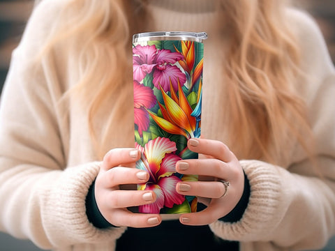 Tropical Floral Digital Tumbler Wrap, Colorful Hibiscus and Bird of Paradise Design, Vibrant Summer Tumbler Sublimation Wrap Sublimation Luvleigh Digitals 