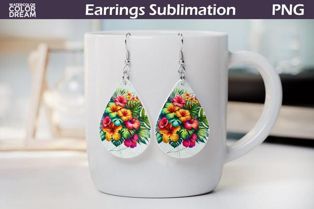 Tropical Flower Teardrop Earrings | Tropical Floral Earrings Sublimation WatercolorColorDream 