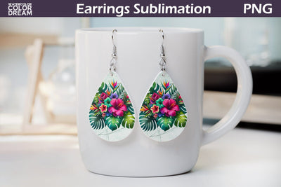 Tropical Flower Teardrop Earrings | Tropical Floral Earrings Sublimation WatercolorColorDream 