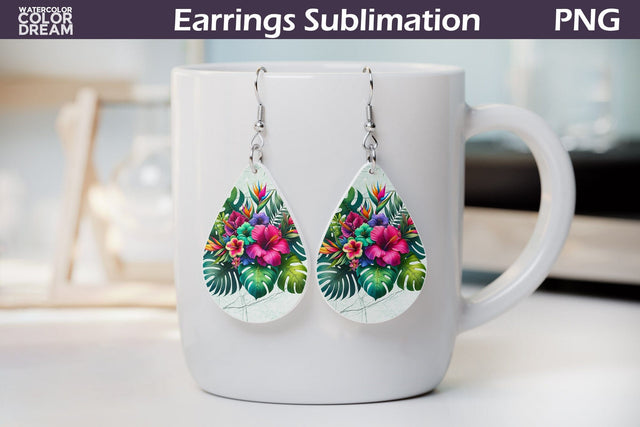 Tropical Flower Teardrop Earrings | Tropical Floral Earrings Sublimation WatercolorColorDream 
