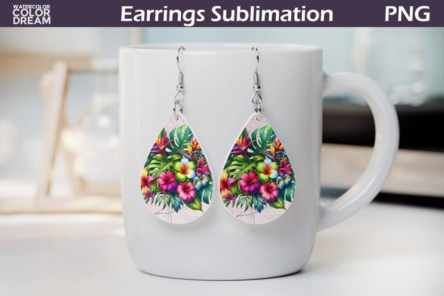 Tropical Flower Teardrop Earrings | Tropical Floral Earrings Sublimation WatercolorColorDream 