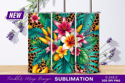 Tropical flowers and leaves leopard background tumbler png Sublimation Regulrcrative 