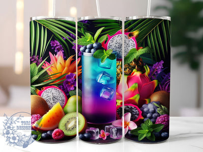 Tropical Fruit Drink Tumbler, Exotic Fruit Theme, Blue & Purple Fruits Wrap, Vibrant Summer Design, Seamless Artistic Motif, Refreshing Beverage Style, Bold Colorful Print, 20Oz Tumbler, Sublimation Sublimation ToriDesigns 