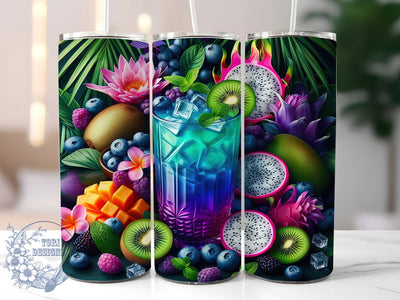 Tropical Fruit Drink Tumbler, Exotic Fruit Theme, Blue & Purple Fruits Wrap, Vibrant Summer Design, Seamless Artistic Motif, Refreshing Beverage Style, Bold Colorful Print, 20Oz Tumbler, Sublimation Sublimation ToriDesigns 