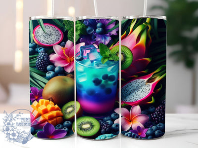 Tropical Fruit Drink Tumbler, Exotic Fruit Theme, Blue & Purple Fruits Wrap, Vibrant Summer Design, Seamless Artistic Motif, Refreshing Beverage Style, Bold Colorful Print, 20Oz Tumbler, Sublimation Sublimation ToriDesigns 