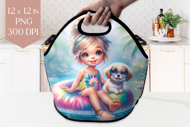Tropical Girl and Dog Lunch Bag PNG – 12x12" Summer Kids Sublimation Design Sublimation BijouBay 