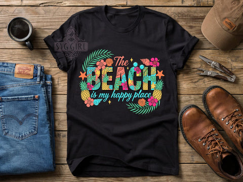 Tropical Happy Place T-Shirt PNG, Beach Shirt, Tropical Letters, Happy Place, Cursive Script, Sublimation PNG, Summer Vibes, Coastal Style Sublimation SvggirlplusArt 