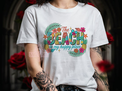 Tropical Happy Place T-Shirt PNG, Beach Shirt, Tropical Letters, Happy Place, Cursive Script, Sublimation PNG, Summer Vibes, Coastal Style Sublimation SvggirlplusArt 