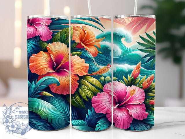 Tropical Hawaiian Floral Tumbler, Tropical Seamless Pattern, Island Bloom Design, 20Oz Sublimation Wrap, Exotic Flower Art, Vibrant Tropical Texture, Tumbler Sublimation Sublimation ToriDesigns 