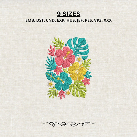 Tropical Hibiscus Flowers Machine Embroidery Design Floral Monstera Leaves PES DST Stitch Files Embroidery/Applique DESIGNS PatternFeed8 
