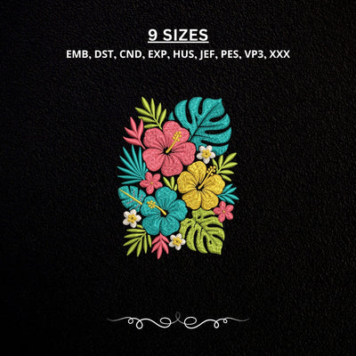Tropical Hibiscus Flowers Machine Embroidery Design Floral Monstera Leaves PES DST Stitch Files Embroidery/Applique DESIGNS PatternFeed8 