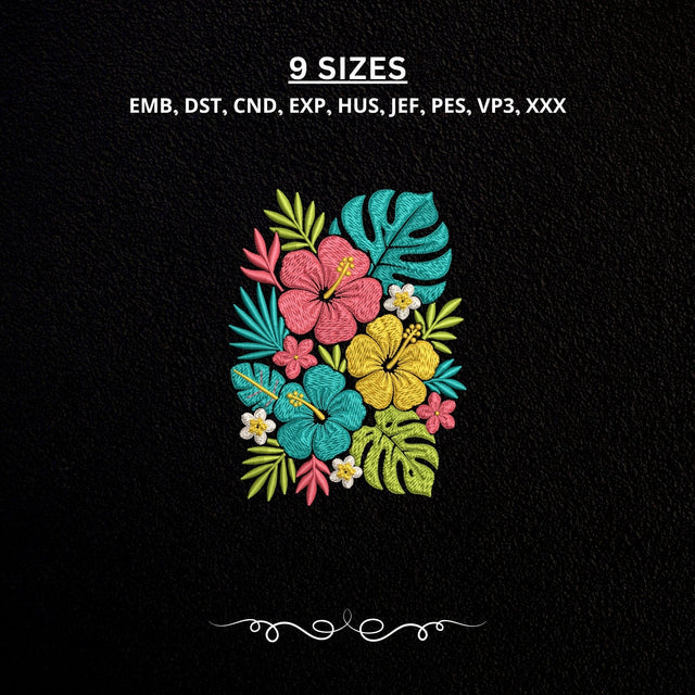 Tropical Hibiscus Flowers Machine Embroidery Design Floral Monstera Leaves PES DST Stitch Files Embroidery/Applique DESIGNS PatternFeed8 