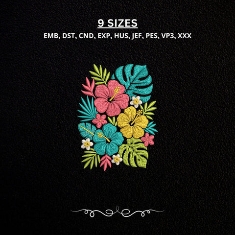 Tropical Hibiscus Flowers Machine Embroidery Design Floral Monstera Leaves PES DST Stitch Files Embroidery/Applique DESIGNS PatternFeed8 
