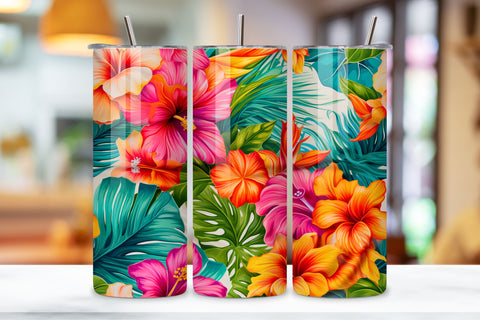 Tropical Hibiscus Flowers Tumbler wrap, Seamless Wrap PNG Sublimation FloridPrintables 