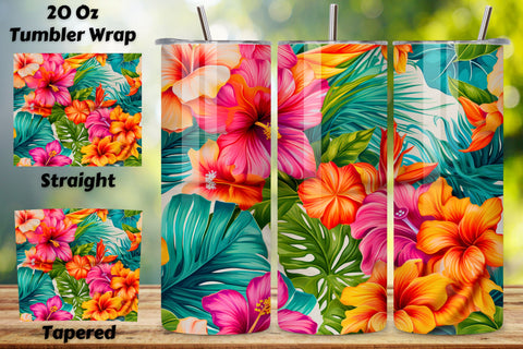 Tropical Hibiscus Flowers Tumbler wrap, Seamless Wrap PNG Sublimation FloridPrintables 