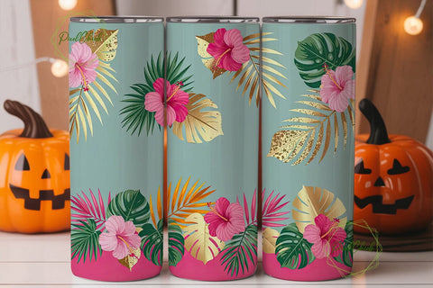 Tropical Hibiscus & Gold 20oz Tumbler Sublimation PixelChick 