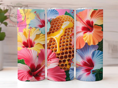 Tropical Hibiscus Honeycomb Bee Tumbler, Floral Bee Tumbler, Tropical Honeycomb Wrap, Cute Bee Wrap, Spring Floral Wrap, Sublimation Design, Trendy Gift Idea Sublimation Lara' s Designs 