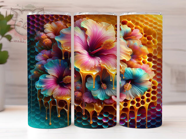 Tropical Hibiscus Honeycomb Bee Tumbler, Floral Bee Tumbler, Tropical Honeycomb Wrap, Cute Bee Wrap, Spring Floral Wrap, Sublimation Design, Trendy Gift Idea Sublimation Lara' s Designs 