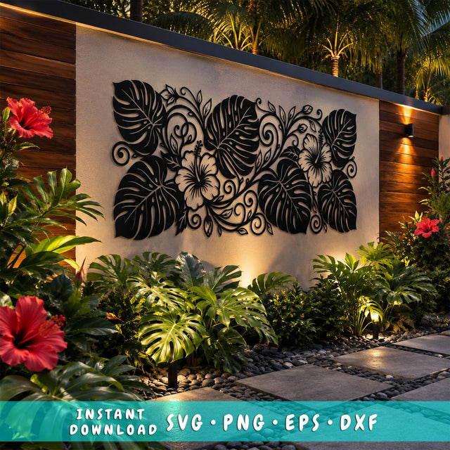 Tropical Hibiscus Monstera Metal Wall Art SVG | Laser Cut DXF Png Eps | Tropical Leaves Plasma Cutting File | CNC Garden Decor Design SVG HappyDesignStudio 