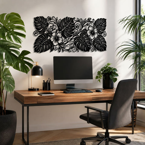 Tropical Hibiscus Monstera Metal Wall Art SVG | Laser Cut DXF Png Eps | Tropical Leaves Plasma Cutting File | CNC Garden Decor Design SVG HappyDesignStudio 