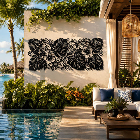 Tropical Hibiscus Monstera Metal Wall Art SVG | Laser Cut DXF Png Eps | Tropical Leaves Plasma Cutting File | CNC Garden Decor Design SVG HappyDesignStudio 
