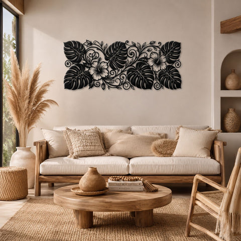 Tropical Hibiscus Monstera Metal Wall Art SVG | Laser Cut DXF Png Eps | Tropical Leaves Plasma Cutting File | CNC Garden Decor Design SVG HappyDesignStudio 