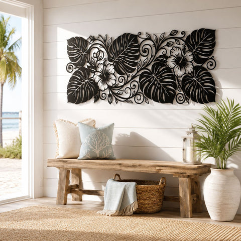 Tropical Hibiscus Monstera Metal Wall Art SVG | Laser Cut DXF Png Eps | Tropical Leaves Plasma Cutting File | CNC Garden Decor Design SVG HappyDesignStudio 