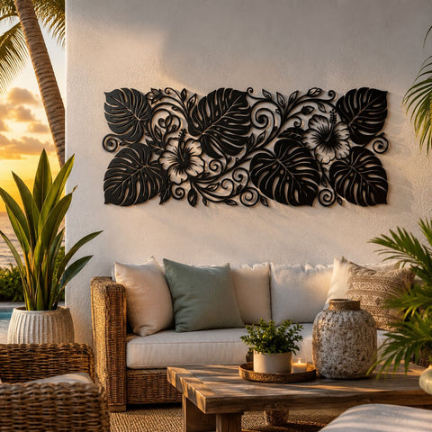 Tropical Hibiscus Monstera Metal Wall Art SVG | Laser Cut DXF Png Eps | Tropical Leaves Plasma Cutting File | CNC Garden Decor Design SVG HappyDesignStudio 