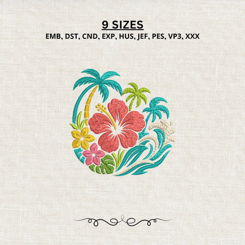Tropical Hibiscus Ocean Wave Machine Embroidery Design Palm Tree Beach Floral PES DST Files Embroidery/Applique DESIGNS PatternFeed8 