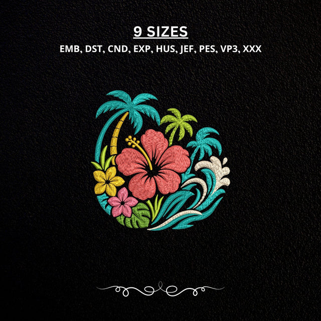 Tropical Hibiscus Ocean Wave Machine Embroidery Design Palm Tree Beach Floral PES DST Files Embroidery/Applique DESIGNS PatternFeed8 