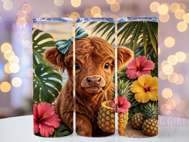 Tropical Highland Calf Portrait 20oz Tumbler, Highland Calf, Tropical Theme, Cow Portrait, 20oz Tumbler Wrap, Sublimation Design, Farm Animal, Digital Download Sublimation SvggirlplusArt 
